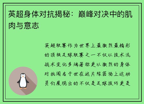 英超身体对抗揭秘：巅峰对决中的肌肉与意志
