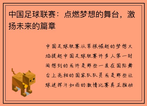 中国足球联赛：点燃梦想的舞台，激扬未来的篇章