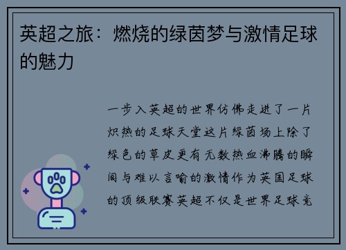 英超之旅：燃烧的绿茵梦与激情足球的魅力