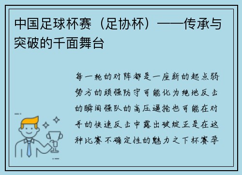 中国足球杯赛（足协杯）——传承与突破的千面舞台
