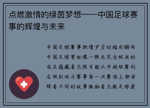 点燃激情的绿茵梦想——中国足球赛事的辉煌与未来